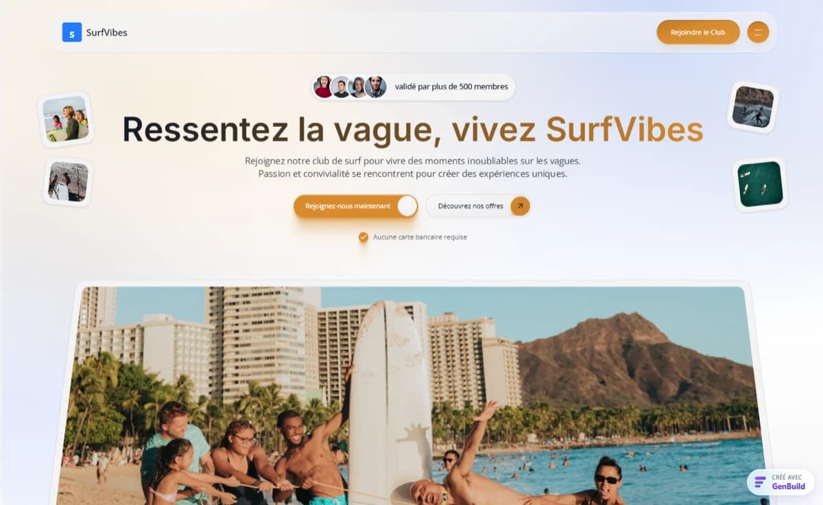 Aperçu d'un site de club de surf généré par GenBuild